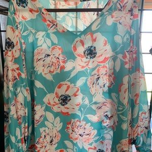 Teal floral Long Sleeve Top with Balloon Sleeves